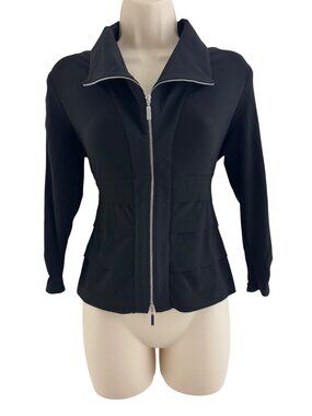 Joseph Ribkoff Black 3/4 Sleeve Zip Front Jacket Tiered Cropped Size 6 Blazer